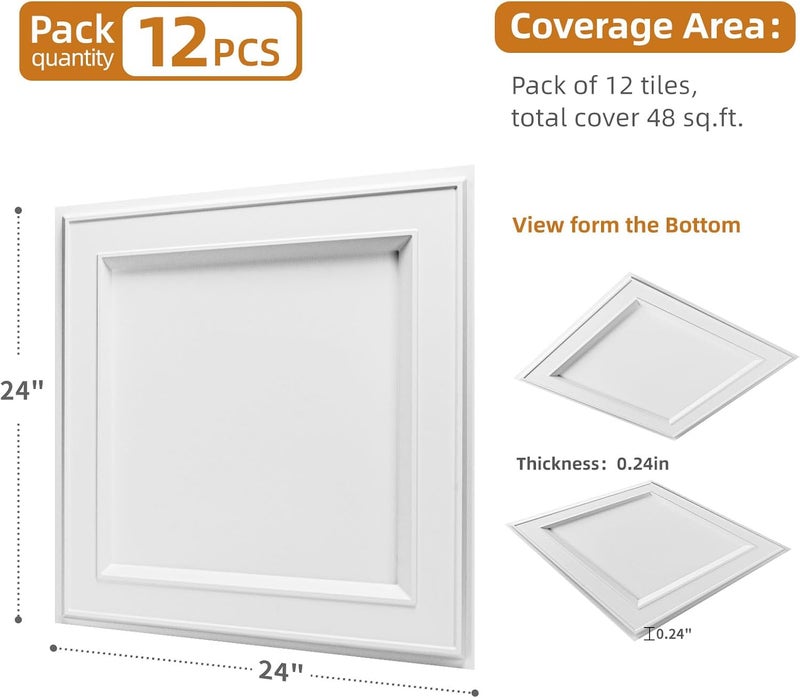 WOWSTAR 12-Pack 24"x24" Drop Ceiling Tiles, Waterproof Glue up Ceiling Panels, Modern Style 3D Wall Panels, White - Image 5
